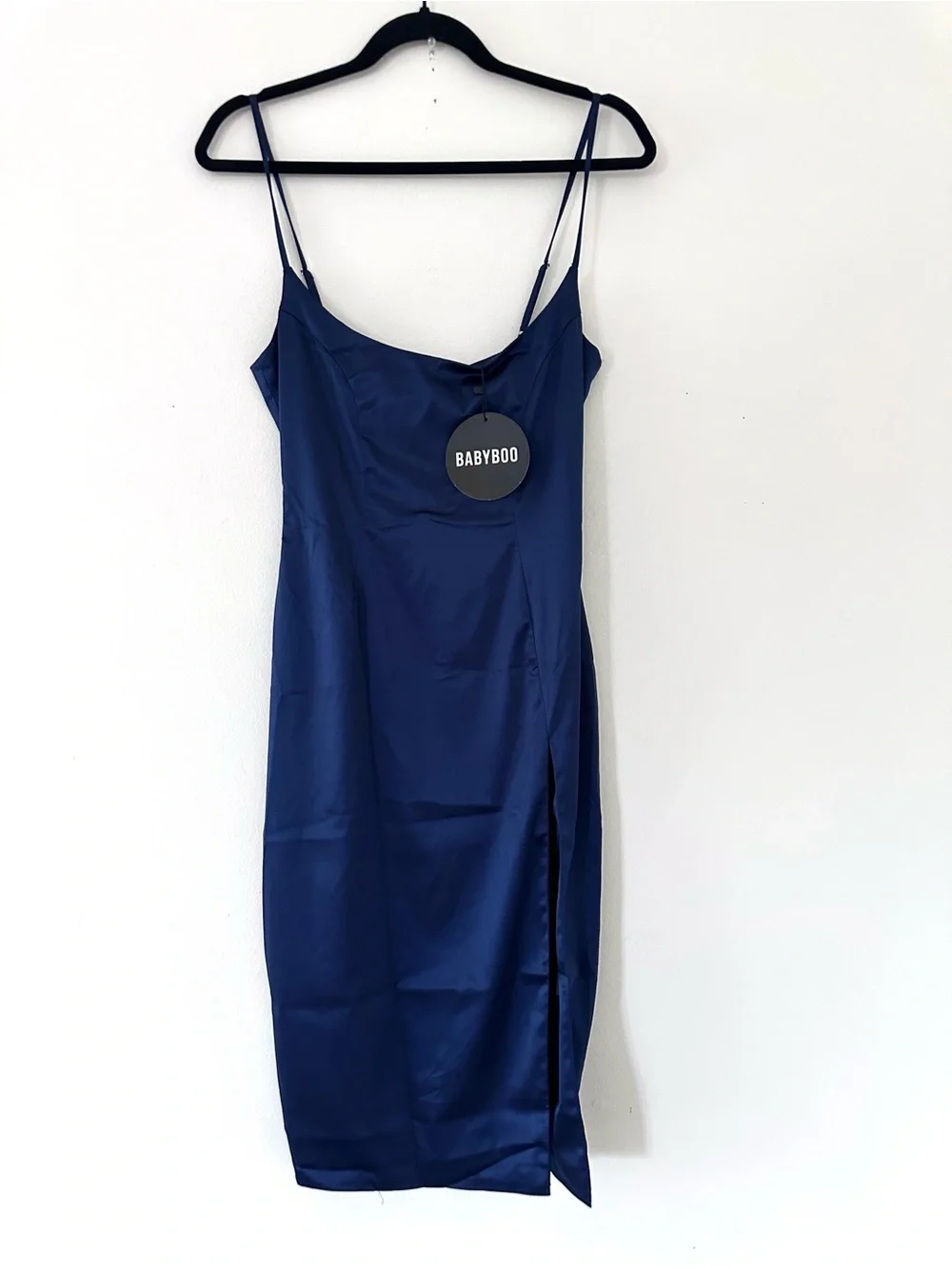 Babyboo Cassie Midi Dress in navy blue elegant, silhouette-hugging cocktail Sz M